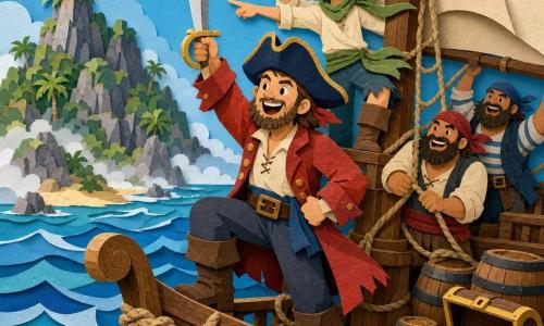Un pirate nommé Jack, souriant et déterminé, barbe courte, tricorne bleu marine, veste rouge usée et bottes en cuir, tient un sabre brillant levé sur le pont du navire; derrière lui, John, garçon d’environ 14 ans aux cheveux blonds et foulard vert, tient une longue-vue et pointe vers une île brumeuse à gauche, tandis que deux pirates adultes à l’arrière tirent une corde et hissent la voile; pont en bois texturé avec clous, cordages noués, barriques et coffre partiellement ouvert montrant pièces d’or, vagues stylisées et île rocheuse aux palmiers et petite crique dorée en arrière-plan — ils viennent d’apercevoir l’île et se préparent à accoster, scène dynamique aux couleurs vives, formes simples et ombres légères, atmosphère d’aventure joyeuse et sûre pour les enfants.