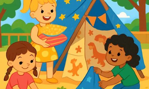 Il y a trois personnages : Clara, une fille de 5 ans avec des cheveux bruns en tresses, portant un t-shirt rose et un short bleu, assise par terre en train de dessiner des plans de cabane ; Lila, une fille de 5 ans avec des cheveux blonds en queue de cheval, habillée d'une robe jaune à pois, debout et souriante avec des coussins colorés ; et Jade, une fille de 5 ans avec des cheveux noirs bouclés, portant un t-shirt vert et un pantalon en jean, accroupie en attachant une grande couverture bleue à la structure de la cabane. La scène se déroule dans une cour de récréation ensoleillée, entourée de grands arbres, avec un sol en sable et des fleurs colorées. Les trois amies travaillent ensemble à la construction de leur cabane improvisée, échangeant des rires et des idées, ce qui témoigne de leur esprit d'équipe et de l'égalité entre filles. Les couleurs vives de leurs vêtements et des matériaux ajoutent une ambiance festive.