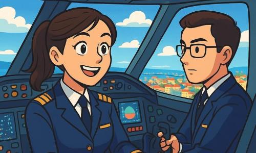 Une femme pilote, Lina, âgée d'environ 28 ans, se tient dans le cockpit d'un avion, souriante et confiante, avec des cheveux bruns en queue de cheval. Elle porte un uniforme bleu nuit orné de galons dorés. À ses côtés, son copilote Karim, un homme d'une trentaine d'années avec des cheveux courts et des lunettes, regarde les écrans avec concentration. Le cockpit est rempli de boutons colorés et d'instruments de navigation, avec un grand pare-brise offrant une vue sur un ciel bleu et des nuages blancs. En arrière-plan, la ville de Lisbonne scintille au loin. Lina et Karim se préparent au décollage, Lina rassurant les passagers alors que l'avion roule sur la piste, prêt à s'envoler.