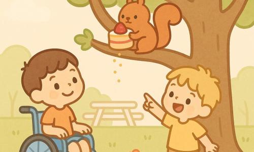 Trois personnages : Tom, garçon d'environ 6 ans à la peau claire et cheveux bruns courts, en fauteuil roulant bleu clair au premier plan gauche, souriant vers l'arbre ; Léo, garçon d'environ 6 ans à la peau un peu plus foncée et cheveux blonds en bataille, debout à droite du fauteuil, pointant avec excitation ; et un petit écureuil roux perché sur une branche basse du grand chêne, tenant une part de gâteau crème-fraise. Dans un jardin lumineux en fin d'après-midi avec pelouse et fleurs, les deux garçons regardent l'écureuil qui mange joyeusement, des miettes brillantes tombent vers le fauteuil, ambiance douce et couleurs pastel, expressions de surprise et de rire.