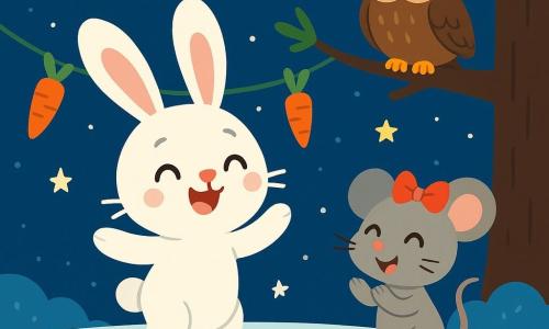 Un petit lapin blanc nommé Pompon danse joyeusement dans une clairière enneigée, entouré de guirlandes de carottes et de coussins moelleux. À ses côtés, une petite souris grise avec un nœud rouge applaudit, ses yeux brillants de bonheur. Un hibou sage, perché sur une branche, observe la scène avec un sourire bienveillant. La clairière est illuminée par des étoiles scintillantes, créant une ambiance magique. Pompon et ses amis préparent une fête joyeuse pour célébrer le Nouvel An, remplie de rires et de surprises.