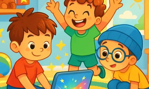 Trois personnages sont présents : Léo, un garçon de 5 ans aux cheveux bruns en bataille, portant un t-shirt rouge et un short bleu, assis sur un tapis coloré devant un ordinateur brillant ; Tom, avec des cheveux bouclés et un grand sourire, en t-shirt vert et pantalons courts, debout à côté de Léo en train de sauter de joie ; et Max, portant un bonnet bleu et des lunettes, en t-shirt jaune et jeans, accroupi devant l’écran, les yeux écarquillés. La scène se déroule dans une chambre d’enfant lumineuse aux murs bleu clair, avec des jouets au sol, un tapis doux et une fenêtre ouverte. Les trois amis jouent ensemble sur l’ordinateur, Léo est concentré, Tom est joyeux et Max curieux, entourés d'étoiles dorées symbolisant leur enthousiasme.