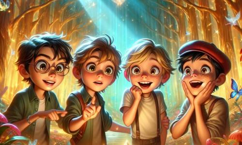 Dans une forêt enchantée, quatre garçons de huit ans sont émerveillés. Max, le leader aux cheveux ébouriffés, montre une pierre magique scintillante. Lucas, le rêveur aux lunettes rondes, l'observe avec fascination. Théo, le malin à la casquette rouge, sourit en découvrant un raccourci, tandis que Léo, le blagueur aux cheveux noirs, fait une grimace pour détendre l’atmosphère. La forêt est remplie d'arbres aux feuilles dorées et de créatures fantastiques, créant une ambiance magique. Les garçons découvrent la pierre magique, symbole de leur aventure pour sauver le monde enchanté d'un sorcier maléfique, unis par leur amitié et prêts à relever des défis.