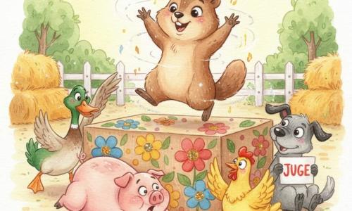 Une marmotte malicieuse à poils bruns et ventre crème, chapeau bleu, mène la danse en souriant; Gaston, un cochon rose rond, trébuche parmi des carottes, Léa la poule jaune bat des ailes en riant, Coco le canard vert et orange fait une cabriole derrière lui, et Max, un vieux chien gris assis au bord de la scène, sourit en tenant un panneau « juge ». Sur une estrade en carton peinte de grandes fleurs et paillettes, placée dans une cour de ferme ensoleillée avec bottes de foin et clôture blanche, tous les animaux se jettent dans un grand tas joyeux, expressions exagérées, mouvements dynamiques et couleurs vives, rendu tendre et lumineux en aquarelle avec légers contours au stylo gel blanc.