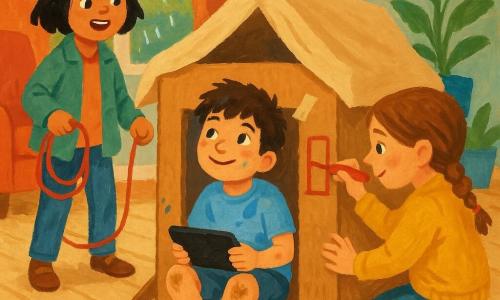 Trois enfants d'environ 8 ans bricolent une cabane en carton dans un salon cosy aux couleurs chaudes : un garçon aux cheveux bruns en bataille, t-shirt bleu clair taché de peinture et genoux sales, est assis à l'intérieur à gauche, tenant une tablette posée face contre la couverture et souriant ; une fille châtain clair en natte, pull jaune moutarde, est accroupie à droite, collant un morceau de scotch et dessinant une fenêtre au feutre rouge ; une fille aux cheveux noirs courts et manteau vert léger se tient devant l'entrée avec une corde à sauter enroulée, regardant les autres avec excitation. La cabane, faite de cartons empilés et d'une couverture beige pour toit, est entourée de feutres et de scotch, le sol est en parquet clair, une grande fenêtre montre un jardin mouillé avec des gouttes sur la vitre, une lumière douce éclaire la scène, un minuteur rond sur la table indique la fin du temps d'écran ; l'ambiance est joyeuse, gestes actifs et textures visibles du carton ondulé et de la gouache, couleurs contrastées bleu, jaune, rouge et vert.