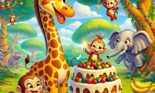 Une girafe joyeuse nommée Gigi, avec un long cou tacheté, se tient au centre, souriante, en train de préparer un grand gâteau aux fruits. À sa droite, un petit singe espiègle nommé Milo, tenant une banane, balance d'une branche à l'autre. À gauche, un éléphant amical nommé Émile se penche pour attraper des fruits. La scène se déroule dans une forêt enchantée avec des arbres majestueux et des fleurs colorées. Gigi, Milo et Émile préparent ensemble un gâteau aux fruits pour une fête, illustrant l'esprit d'amitié et de coopération.
