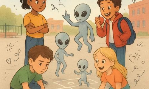 Huit personnages dans la cour du collège : Léo, garçon de 12 ans aux cheveux bruns, trace une marelle à la craie en tenant une craie blanche ; Inès, 12 ans, peau mate et queue de cheval, bras croisés, regarde les extraterrestres avec assurance ; Samir, 12 ans, cheveux bouclés et veste rouge, mâche une pomme en riant près d’un sac à dos ; Zoé, 12 ans, cheveux blonds, accroupie, admire et joue avec un bracelet lumineux. Quatre extraterrestres : un petit silhouette mince en combinaison nacrée pose un galet métallique sur une case, un second un peu plus grand effectue un saut flottant, un troisième corpulent observe en tenant un disque lumineux et un quatrième minuscule saute maladroitement près de la craie. La marelle tracée forme des carrés lumineux, les aliens imitent les sauts sous un rayon de lumière douce ; décor : sol en béton craquelé couvert de marques de craie, bancs métalliques rouillés, portail vert et bâtiments en brique, un vaisseau gris perle en forme de galet flotte au‑dessus des toits, ambiance chaleureuse et légèrement magique aux tons pastel avec accents métalliques et petits motifs de constellations.