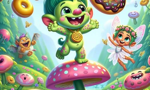 Un petit troll nommé Turbulent, avec une peau verte et des taches roses, flotte joyeusement dans les airs, portant un médaillon en forme de donut. Son visage souriant et ses yeux pétillants de malice illuminent le champ de fleurs colorées qui chantent. À ses côtés, Clara, une petite fée aux ailes transparentes et aux cheveux dorés, observe Turbulent avec amusement et inquiétude, se tenant sur une fleur géante. Non loin, Grignote, un dragon miniature aux écailles vertes, rit en essayant d'attraper des gouttes de chocolat qui tombent du ciel, sur un tas de bonbons. Le décor est une vallée enchantée avec des arbres en sucre d'orge et des rivières de limonade, créant une atmosphère joyeuse. La scène montre Turbulent flottant, entouré de bonbons et de fleurs chantantes, tandis que ses amis l'observent, prêts pour une aventure pleine de rires.