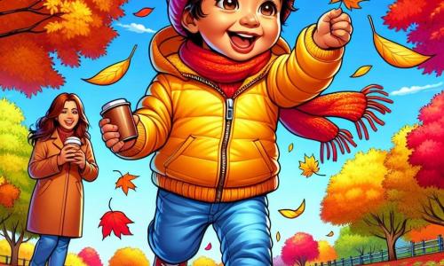 Un petit garçon de 1 an, avec des cheveux bruns en bataille et des yeux joyeux, court dans un parc en automne. Il porte une veste jaune vif et un bonnet rouge, riant en levant les bras pour attraper les feuilles qui tombent. Sa maman, une femme d'environ 30 ans avec de longs cheveux châtains et un sourire chaleureux, le regarde avec tendresse, tenant une tasse de chocolat chaud. Le parc est rempli d'arbres aux feuilles flamboyantes et le sol est recouvert de feuilles croustillantes. Le petit garçon s'amuse à ramasser une feuille jaune brillante, émerveillé par sa couleur, tandis que les feuilles dansent autour de lui, créant une atmosphère joyeuse et magique.
