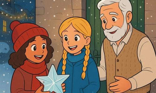 Trois personnages sont présents : Zoé, une fille de 10 ans avec des cheveux bruns bouclés, un bonnet rouge et une écharpe assortie, sourit en tenant une étoile en verre. Lina, également âgée de 10 ans, a des cheveux blonds tressés, porte un manteau bleu et des bottes fourrées, et regarde Zoé avec excitation. Monsieur André, un homme âgé avec des cheveux blancs et une barbe légère, porte un gilet de laine beige et sourit chaleureusement en admirant l'étoile. La scène se déroule devant une vieille porte verte dans une ruelle enneigée, sous une neige tombante et des maisons décorées de guirlandes lumineuses. Ils sont prêts à accrocher l'étoile à la porte magique, symbolisant leur souhait de partager la magie de Noël et d'apporter de la chaleur à Monsieur André.