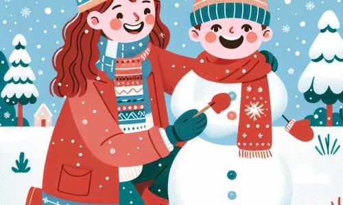 Léo, un petit garçon de 1 an aux cheveux châtains et aux yeux pétillants, construit un bonhomme de neige dans un jardin enneigé. Il porte une combinaison rouge et un bonnet bleu, souriant avec les joues rosies par le froid. Sa maman, une femme d'environ 30 ans aux cheveux bruns, l'accompagne, riant tendrement en mettant un chapeau sur le bonhomme de neige. Le jardin est recouvert de neige scintillante, avec des arbres chargés de flocons et un ciel bleu clair. Léo et sa maman s'amusent ensemble dans ce paysage hivernal magique.