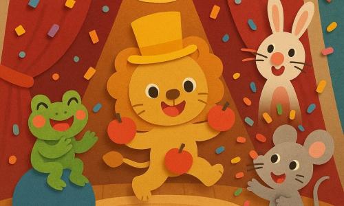 Loulou, petit lion en peluche doré au chapeau haut-de-forme jaune et au large sourire, saute au centre de la piste en faisant un tour de magie avec trois pommes rouges; à gauche, Zoé la grenouille verte aux joues roses applaudit assise sur une grosse balle bleue; à droite, Mimi la souris grise jette des confettis tandis que Pipo le lapin blanc, en arrière-plan, rigole avec une pomme sur le nez; le tout se déroule dans un chapiteau rouge et blanc, piste en bois clair et rideau velouté, sous une grosse lampe chaude — final de spectacle lumineux, festif et rassurant.