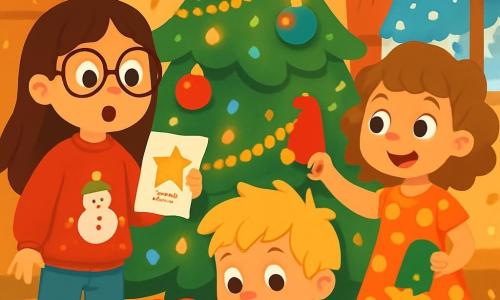 Il y a trois personnages : Ana, une fille de 7 ans aux longs cheveux bruns et lunettes rondes, portant un pull rouge avec un bonhomme de neige, se tient près du sapin, surprise. Léo, un garçon de 6 ans avec des cheveux blonds en bataille et un sourire malicieux, est accroupi sous le sapin en cherchant l’étoile perdue, vêtu d’un t-shirt vert. Zoé, une fille de 5 ans avec des boucles châtain clair et une robe à pois, se tient à côté d’Ana, tenant un petit chapeau de lutin, curieuse et joyeuse. L'action se déroule dans un salon chaleureux, décoré pour Noël, avec un grand sapin scintillant au centre, orné de guirlandes dorées, de boules rouges et de lumières colorées. La neige tombe à l’extérieur, créant une ambiance festive. Les enfants cherchent l’étoile de Noël disparue, Ana lit un indice, Léo fouille sous le sapin et Zoé regarde autour d’eux, impatiente de découvrir le secret du lutin farceur.