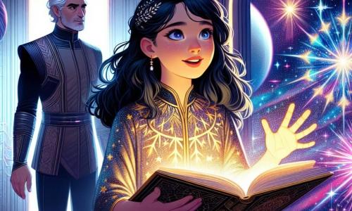 Kaela, une jeune fille de dix ans aux longs cheveux noirs, se tient au centre de la scène, ses yeux brillants d'excitation. Elle porte une tunique scintillante et tient un vieux grimoire ouvert, des éclats de lumière émanant de ses mains. À ses côtés, sa mère Luna, une femme d'une trentaine d'années avec des cheveux argentés, l'observe avec fierté, tandis que son père Théo, un homme musclé d'une quarantaine d'années, se tient en arrière-plan, prêt à défendre sa famille. La scène se déroule à bord du vaisseau spatial "Celestial Echo", illuminé par des lumières douces et entouré de galaxies lointaines. Kaela invoque un sort puissant, des étoiles miniatures flottant autour d'elle, tandis que ses parents l'encouragent. L'atmosphère est chargée d'énergie et de magie, ajoutant une touche d'aventure à cette scène captivante.