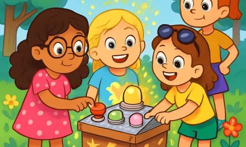 Quatre enfants découvrent une machine magique dans une clairière enchantée. Mia, six ans, porte une robe rose à pois et tient un bouton rouge. Lila, également six ans, a des cheveux blonds tressés et un t-shirt bleu. Zoé, avec des cheveux bruns et des lunettes de soleil, porte un short vert et un t-shirt jaune, pointant un bouton violet. Trixie, aux cheveux roux en queue de cheval, porte une jupe violette et un t-shirt orange, observant la machine avec curiosité. La clairière est remplie de fleurs colorées et d'arbres brillants, et la machine, ornée de motifs, émet des lumières clignotantes. Les filles, entourées de paillettes dorées, rient et s'émerveillent, prêtes pour une aventure magique.