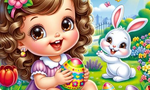 Lila, une petite fille d'un an aux grands yeux brillants et aux cheveux bouclés châtains, est assise dans un jardin ensoleillé, souriant en tenant un œuf coloré. À côté d'elle, un petit lapin blanc aux grandes oreilles danse joyeusement sur l'herbe. Le jardin est rempli de fleurs éclatantes : tulipes rouges, jonquilles jaunes et violettes, avec un grand arbre en arrière-plan et des œufs de Pâques cachés parmi les fleurs. Lila et le lapin partagent un moment de joie en découvrant les œufs cachés dans ce jardin magique.