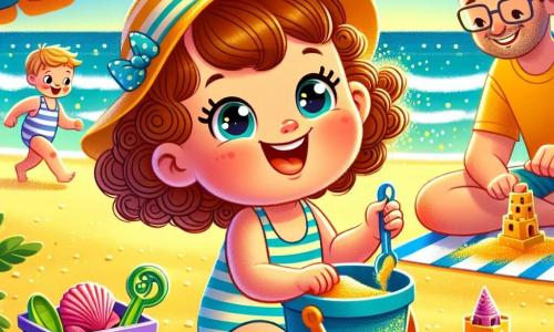 Une petite fille de 2 ans, Lila, sourit en jouant dans le sable de la plage. Elle porte un maillot de bain rayé et un chapeau de soleil. À côté d'elle, sa maman, une femme d'environ 30 ans avec des cheveux bruns, sourit en tenant un seau de coquillages, assise sur une serviette de plage. Un peu plus loin, son papa, un homme d'environ 35 ans avec une barbe légère, construit un château de sable. La plage est ensoleillée, avec des vagues, des parasols et des enfants qui jouent. Lila creuse dans le sable, entourée de sa famille qui l'encourage, créant des souvenirs inoubliables.