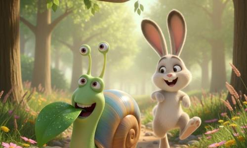 Victor, un escargot joyeux au corps vert tendre et à la coquille en spirale bleu et jaune pastel, croque une grande feuille couverte de gouttes de rosée au milieu d’un sentier forestier ensoleillé; Gaston, un lapin blanc et beige en retrait, rit et semble avoir repris sa course, quelques petits oiseaux colorés chantent au-dessus, herbes et fleurs sauvages roses et jaunes, troncs lisses, atmosphère ludique de course interrompue, lumière douce du matin, rendu cinématographique 3D adapté aux tout-petits.