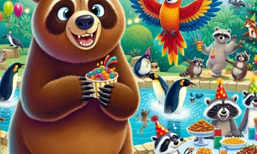 Un ours nommé Barnabé, rond et doux, avec un pelage brun et des yeux pétillants, se tient au centre de la scène, souriant joyeusement avec un chapeau de fête coloré. À ses côtés, un perroquet nommé Remy, avec un bonnet rouge, s'élance dans les airs, tenant une collation dans son bec. En arrière-plan, des pingouins en maillots de bain plongent dans une fontaine, tandis que des ratons laveurs préparent des friandises sur une table décorée. Le zoo est animé, baigné par la lumière de la lune, avec des arbres verdoyants et des étoiles, créant une ambiance festive. Barnabé et ses amis célèbrent ensemble lors d'une grande fête remplie de rires et de délicieuses collations.