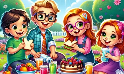 Quatre amis, deux garçons et deux filles, sont dans un parc ensoleillé. Lou, une fille de 8 ans avec des lunettes, sourit en tenant un sandwich. Max, un garçon de 7 ans aux cheveux blonds, rit en tenant un gâteau au chocolat. Lila, une fille de 8 ans aux longs cheveux roux, est assise sur une couverture en regardant des fruits colorés. Tom, un garçon de 7 ans avec des taches de rousseur, verse des jus de fruits dans des gobelets. Le parc est verdoyant, avec des fleurs et des arbres. Une nappe à carreaux rouges et blancs est étalée sur l'herbe, décorée de dessins d'enfants. Les amis préparent un pique-nique surprise pour la fête des pères, entourés de leurs papas qui arrivent avec surprise et bonheur.