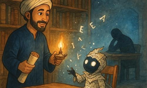 Nadir, homme d’environ 40 ans au visage olive, courte barbe noire, turban écru et robe bleu nuit, souriant légèrement et tenant un parchemin roulé et une petite lampe à huile, se tient près d’une grande table en bois; Saff, petite créature non humaine de la taille d’une théière faite de morceaux de pages et de lettres avec une cape de papier froissé et des yeux brillants comme de l’encre, est assise en lançant des lettres lumineuses; le Grand Effaceur, silhouette sombre et allongée sans traits, dort à une table en arrière-plan entouré d’une poussière bleue pâle; la bibliothèque, au bord d’un désert, a de hautes étagères en bois, livres à reliures cuir et papiers jaunis, volets ouverts sur un ciel étoilé avec une pluie de poussière d’étoiles et une porte dessinée en trait de lumière bleue; la scène montre Nadir racontant une histoire pour endormir le Grand Effaceur pendant que Saff offre des lettres brillantes, la lumière chaude de la lampe contrastant avec la lueur froide bleutée sous la porte et la poussière d’étoiles scintillante.