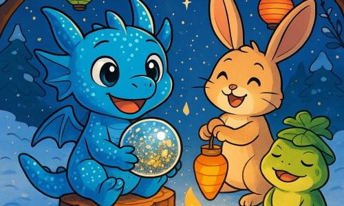 Un petit dragon bleu nommé Nimbus, aux écailles brillantes, est assis sur une souche en bois, les yeux pétillants d'excitation. Il tient une boule de verre remplie de paillettes dorées et argentées. À ses côtés, un lièvre-lanterne nommé Lirio éclaire la scène avec sa lanterne en forme de carotte. Plus loin, une grenouille au chapeau de feuille, Corail, chante doucement. La clairière est illuminée par des lanternes colorées et un grand feu crépite au centre, projetant des ombres sur la neige. Nimbus et ses amis se rassemblent pour célébrer le Nouvel An, avec des paillettes tombant du ciel étoilé, créant une atmosphère magique.