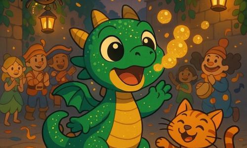 Pépito, petit dragon vert émeraude scintillant de paillettes dorées, est au centre, joyeux, soufflant des bulles dorées ; à sa droite Rayure, chat tigré en costume rayé orange et noir, bondit enjoué ; au-dessus à gauche Filou, petite araignée ronde, suspendue à sa toile tient une mini-lanterne et des guirlandes scintillantes ; en arrière-plan des villageois costumés (fées, pirates, clowns) dansent et applaudissent dans une cour pavée entourée de murs couverts de lierre, fanions et lanternes suspendues, confettis et rubans au sol, lampions dorés au crépuscule — parade de carnaval enchantée, ambiance festive, couleurs vives.