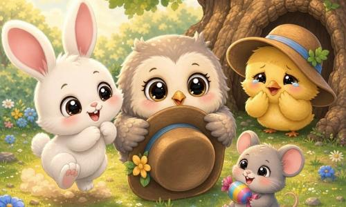 Luna, petite chouette ronde aux yeux brillants et plumes crème et grises, tient un chapeau entre ses pattes en regardant l'oisillon avec douceur ; Toto, lapin blanc dodu aux longues oreilles roses, sourit et saute légèrement à gauche, Mimi, souris grise minuscule aux joues roses, rit en tenant un bonbon près de la patte droite de Luna, et l'oisillon jaune au chapeau trop grand, assis sous un grand chêne au tronc brun texturé aux racines visibles, sourit timidement en pleurant un peu ; ils se rassemblent en cercle dans une clairière herbeuse parsemée de fleurs bleues et marguerites, petites pierres et flaque près de Mimi, lumière douce de fin d’après-midi, gestes tendres et ambiance chaleureuse, style chibi kawaii aux couleurs pastel vives, contours ronds et textures douces.