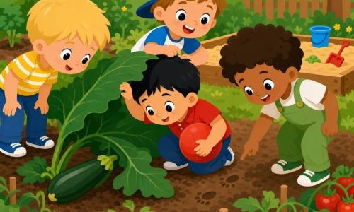 Quatre garçons enquêtent dans un potager ensoleillé : Max (6 ans) cheveux blonds courts, t-shirt jaune à rayures blanches, debout à gauche regardant sous une grande feuille de courgette ; Tom (6 ans) cheveux noirs, polo rouge, agenouillé tenant un ballon rouge à demi caché ; Sam (5 ans) cheveux châtain clair, casquette bleue, derrière Tom souriant et montrant le ballon ; Léo (5 ans) cheveux bruns bouclés, salopette verte, à droite pointant des petites empreintes dans la terre. Autour, rangées de tomates rouge vif, grandes feuilles vert foncé de courgette, terre brune et un petit bac à sable ; les enfants expriment joie et surprise en découvrant le ballon rouge caché.