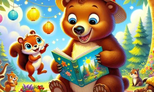 Illustration d'un ours curieux et joyeux, au pelage brun et aux yeux pétillants, portant un chapeau de paille et tenant un livre ouvert avec des images colorées de vacances d'été. À ses côtés, un petit écureuil espiègle au pelage roux grignote une noisette tout en admirant le livre. La scène se déroule dans une clairière ensoleillée, entourée d'arbres majestueux et de fleurs colorées, avec des lanternes en papier créant une ambiance festive. L'ours et l'écureuil préparent une fête d'été avec leurs amis animaux, chantant et dansant joyeusement sous un ciel bleu parsemé de nuages blancs. Des lanternes flottantes et des étoiles scintillantes apparaissent, rassemblant tous les amis dans la joie de célébrer l'été.