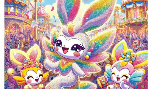 Au centre de l'image, Bobo, un Poudrilou aux plumes scintillantes aux couleurs de l'arc-en-ciel, danse joyeusement, entouré de confettis colorés. À sa droite, Fleurouette, une petite créature délicate avec de grandes oreilles en forme de pétales, sourit en tenant une guirlande de fleurs. À gauche, Chuchou, un Chuchou à la voix douce avec un chapeau en forme de tambour, bat des mains, rayonnant de joie. En arrière-plan, la place centrale de Fêteville est décorée de banderoles et de lanternes, avec des créatures dansant et s'amusant. La scène représente le Carnaval des Rêves, où Bobo et ses amis célèbrent l'amitié et la joie.