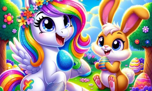 Au centre de l'image, Lumie, une jeune licorne aux crins arc-en-ciel et aux sabots scintillants, sourit joyeusement en décorant son jardin avec des œufs de Pâques colorés, entourée de guirlandes lumineuses et de fleurs en papier. À sa droite, Caramel, un lapin aux grandes oreilles, admire les décorations, tenant un œuf bleu vif dans ses pattes. En arrière-plan, le jardin est coloré avec des œufs cachés sous des buissons fleuris et des arcs en papier crépon. Lumie et Caramel préparent une chasse aux œufs de Pâques, impatients d'accueillir leurs amis pour une journée de rires et de surprises.