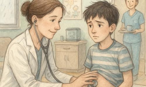 La médecin Lina, environ 35 ans, cheveux châtain en chignon, blouse blanche et stéthoscope, est accroupie et pose délicatement sa main gauche sur le ventre du garçon Noé, 12 ans, assis sur la table d'examen, inquiet mais soulagé, tandis qu'elle écoute avec le stéthoscope; l'infirmière Nora, ~30 ans, cheveux courts, tient un plateau avec une tasse de tisane et des biscuits près de la porte à droite; la salle d'attente/cabinet est chaleureuse (murs menthe pâle, parquet clair, petit aquarium, affiche enfantine, fauteuils alignés, lavabo inox et boîte de pansements) et une fenêtre montre la pluie fine; scène intime et rassurante, lumière douce, contours aux crayons fins et touches d'aquarelle pastel, accent sur les regards et les mains bienveillantes.