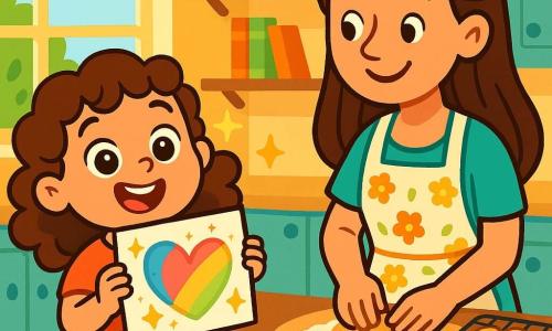 Une petite fille de 4 ans, Léa, avec de grands yeux pétillants et des cheveux bruns bouclés, se tient dans la cuisine, souriante, tenant un dessin en forme de cœur. Sa maman, d'environ 30 ans, sourit en préparant des cookies sur le plan de travail, portant un tablier à fleurs et ayant les mains farinées. La cuisine est chaleureuse avec des murs jaunes, une grande fenêtre et des étagères pleines de pots de confiture et de livres de recettes. Léa prépare une surprise pour la fête des pères, entourée de crayons, de paillettes et de cookies en forme de cœur. L'atmosphère est joyeuse et pleine d'amour.