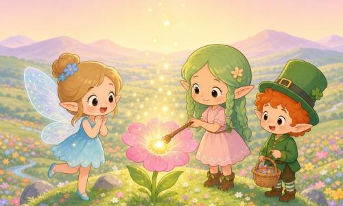 Léna, petite elfe souriante et concentrée aux cheveux verts en tresses et oreilles pointues, touche avec une baguette en bois une fleur magique centrale qui émet une douce lumière rose et des étincelles dorées; à gauche, Lila la fée aux yeux émerveillés et ailes translucides pailletées saute sur la pointe des pieds pour mieux voir, et à droite Léo, petit lutin roux d’environ six ans coiffé d’un bonnet vert, tient un panier et admire la fleur; le tout se déroule au sommet d’une montagne elfique: vaste prairie ondulée de fleurs arc‑en‑ciel et herbe douce, quelques rochers ronds, ciel pastel avec deux nuages et une lueur dorée au‑dessus de la fleur, ambiance chaleureuse aux couleurs vives et formes arrondies.
