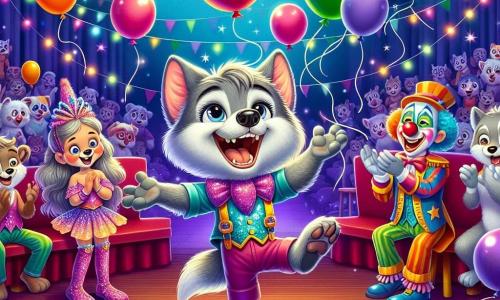 Petit Loup, un jeune loup aux grandes oreilles et au pelage gris, est sur scène, riant et jonglant avec des ballons colorés. À côté de lui, Lili, la funambule, une petite fille aux cheveux blonds en tresses, applaudit avec fierté, vêtue d'un costume scintillant. Un peu en arrière, Zizi, le clown au nez rouge et à la perruque bouclée, fait des grimaces comiques. Le cirque est flamboyant, rempli de lumières et de décorations colorées, avec un public d'animaux et d'enfants riant et applaudissant. Petit Loup jongle, un ballon s'échappe et s'envole, provoquant des rires et une ambiance festive.