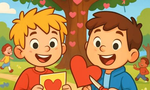 Il y a deux personnages principaux : Lucas, un garçon de 8 ans aux cheveux blonds en bataille, portant un sweat-shirt rouge avec un cœur, et Max, un garçon de 8 ans aux joues rondes et cheveux bruns, qui découpe un cœur en papier rouge. L'action se déroule dans un parc ensoleillé, avec un grand arbre décoré de guirlandes de cœurs et de ballons, créant une ambiance festive. Lucas et Max découvrent une surprise : une fête de la Saint-Valentin organisée par leurs amis, entourés de cœurs et de rires, prêts à célébrer l'amitié.