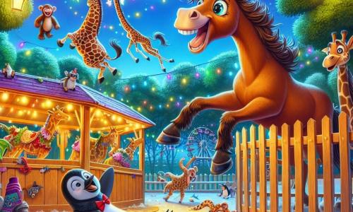 Oscar, un cheval espiègle avec une crinière ébouriffée, saute joyeusement, tandis que Ginette la girafe essaie d'attraper une banane avec sa langue, affichant une expression concentrée. Paco le pingouin glisse sur le sol, riant de sa maladresse. La scène se déroule dans un zoo coloré sous un ciel étoilé, avec des costumes farfelus éparpillés, créant une ambiance joyeuse et festive lors d'une compétition de déguisements entre Oscar et ses amis.