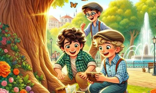 Dans un parc ensoleillé d'Istanbul, trois garçons de neuf ans, Lucas, Max et Sam, se rassemblent autour d'un grand chêne. Lucas ouvre une petite boîte en bois trouvée sous l'arbre, tandis que Max, curieux, observe son contenu. Sam désigne une carte ancienne découverte à l'intérieur. Le parc est fleuri, avec des roses et des tulipes, et une fontaine scintille au soleil. Les garçons, émerveillés par leur découverte, incarnent l'esprit d'aventure et d'amitié.