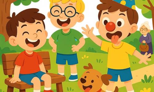 Trois garçons espiègles de 3 ans : Timéo, aux cheveux bruns et sourire malicieux, est assis sur un banc en bois avec un t-shirt rouge et un short bleu. Léo, blond avec des lunettes rondes et un t-shirt vert, se tient à côté de lui, riant aux éclats. Maxime, châtain avec un chapeau de clown et un t-shirt jaune, fait une grimace devant Timéo. Ils sont dans un parc ensoleillé avec des arbres, une aire de jeux colorée et des fleurs multicolores. Timéo cache un coussin péteur sous le banc, tandis que Léo et Maxime rient. Mamie Lulu, souriante, les observe en tenant un grand sac à main rempli de surprises.