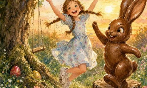 Fille de 10 ans joyeuse aux deux tresses châtain clair et yeux verts, en robe printanière bleu pâle à fleurs et baskets, sautant les bras levés en tenant un œuf en chocolat coloré, à côté d’un lapin en chocolat géant anthropomorphe brun luisant qui danse, posé à moitié sur une souche ; plusieurs œufs peints sont partiellement cachés sous des buissons et entre les racines d’un vieux chêne à gauche ; jardin crépusculaire d’herbe dense et fleurs sauvages avec un petit sentier et une balançoire, lumière dorée et rosée scintillante, scène de chasse aux œufs magique rendue par des éclaboussures d’aquarelle suggérant joie et féerie sans photoréalisme.