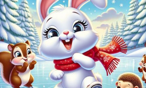 Un lapin blanc nommé Loulou patine sur un lac gelé, riant aux éclats, avec une écharpe rouge flottant derrière lui. À ses côtés, une petite écureuil nommée Chloé applaudit, tandis qu'un hérisson nommé Tim essaie de se relever après être tombé dans la neige. Le décor est une forêt enchantée recouverte de neige scintillante, sous un ciel bleu clair avec des nuages blancs et un doux soleil. Loulou et ses amis s'amusent sur la glace, partageant des rires dans une atmosphère magique et festive.