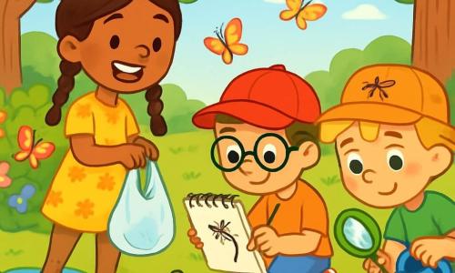 Il y a trois personnages : Lina, une fille de 8 ans avec des tresses brunes, un sourire éclatant, une robe jaune à fleurs et un sac rempli de déchets ; Tom, un garçon de 7 ans avec une casquette rouge, des lunettes, un carnet de dessin et qui observe une larve de libellule ; et Nino, un garçon de 8 ans avec des cheveux blonds en bataille, un t-shirt vert, un chapeau avec un moustique brodé et une loupe, qui regarde une petite fleur. L'action se déroule au bord d'un ruisseau, entouré d'arbres et de fleurs, avec des papillons et une grenouille sur un nénuphar. Les amis nettoient le ruisseau : Lina ramasse un sachet en plastique, Tom dessine la larve, et Nino arrose une fleur, tout en s'amusant et en prenant soin de la nature.