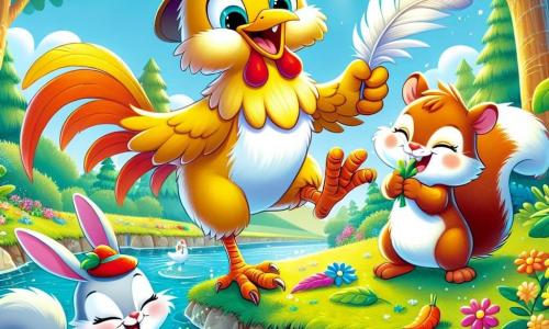 Un coq nommé Gustave, avec des plumes dorées et un chapeau amusant, saute près d'une rivière scintillante. À ses côtés, un lapin espiègle nommé Léon grignote une carotte en riant. Un écureuil malicieux, Zoé, tient une plume géante. La scène se déroule dans une forêt enchantée, où les amis s'amusent à attraper des plumes flottantes sur l'eau, créant une ambiance joyeuse.