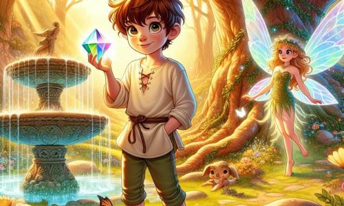 Thibault, un garçon de 10 ans aux cheveux châtains et aux yeux curieux, se tient dans une clairière enchantée, tenant le Cristal Étoilé qui brille de couleurs vives. Il porte une tunique simple et des pantalons en toile, pieds nus sur l'herbe. À ses côtés, Aveline, la fée des chants, flotte avec ses ailes scintillantes, vêtue d'une robe en pétales de fleurs, souriant fièrement à Thibault. La clairière, baignée de lumière dorée, est entourée d'arbres majestueux et d'une fontaine de pierre, tandis que des fleurs et des papillons ajoutent de la magie à l'atmosphère. Thibault a restauré la lumière dans le royaume des fées, et une ambiance de joie et de triomphe règne alors que les fées émergent des arbres pour célébrer.