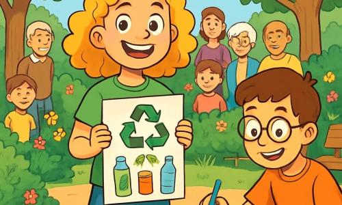 Clara, une fille de 12 ans aux cheveux bouclés et dorés, se tient au centre de l'image, rayonnante d'enthousiasme. Elle porte un t-shirt vert avec un dessin d'arbre et un short en jean, tenant une affiche sur le recyclage. À ses côtés, Lucas, un garçon de 12 ans aux cheveux bruns et lunettes rondes, sourit en peignant une affiche colorée représentant un arbre et des bouteilles en plastique. En arrière-plan, le parc central de Verdiville est verdoyant, avec des arbres, des fleurs et des bancs en bois. Des voisins de tous âges se rassemblent autour d'eux, écoutant et participant à l'atelier, créant une atmosphère joyeuse et collaborative, illustrant l'engagement de la communauté pour l'écologie.