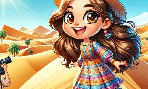 Une petite fille de 8 ans nommée Maya, avec de longs cheveux bruns et des yeux curieux, se tient au sommet d'une dune dorée du désert du Sahara. Elle porte une robe légère colorée et un chapeau de paille, son visage rayonnant de joie. À ses côtés, sa maman, une femme d'une trentaine d'années avec des cheveux châtains, prend des photos, tandis que son papa, un homme de son âge avec une barbe légère, examine une carte. Le désert s'étend à perte de vue sous un ciel bleu parsemé de nuages, avec quelques palmiers ajoutant de la verdure. Maya, pleine d'énergie, court vers le sommet d'une dune, levant les bras en signe de victoire, encouragée par sa famille.