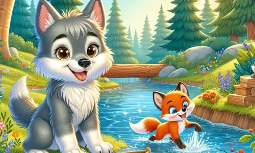 Loulou, un petit loup au pelage gris et aux yeux curieux, se tient au bord d'un ruisseau, souriant joyeusement avec ses pattes dans l'eau. À ses côtés, Max, un renard orange vif, rit en lançant une pierre dans l'eau, éclaboussant Loulou. Le ruisseau scintille sous le soleil, entouré d'arbres verts et de fleurs colorées. Loulou et Max s'amusent à construire un bateau en bois, célébrant leur amitié dans la joie.