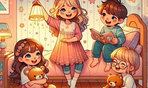 Dans une chambre chaleureuse, quatre enfants sont réunis. Louna, 7 ans, est assise sur un tapis moelleux avec son doudou. À sa gauche, Mia, 8 ans, sourit en tenant une lampe qui projette une lumière dorée. À droite, Zoé, 7 ans, lit un livre coloré assise sur le lit. Sam, 6 ans, chante joyeusement, les bras levés. La chambre aux murs pastel est décorée d'étoiles et de nuages, avec un grand tapis en forme de nuage et des peluches éparpillées. Les enfants chantent ensemble, transformant leur peur du noir en mélodie, entourés de rires et de lumière.