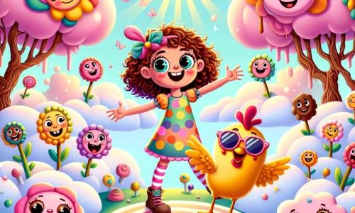 Lila, une petite fille de 6 ans aux grands yeux brillants et aux cheveux bouclés châtains, porte une robe colorée à pois. Elle sourit, émerveillée, debout sur un nu en forme de bonbon, les bras écartés. À ses côtés, Poulpi, un poulet amusant avec des lunettes de soleil et un plumage jaune vif, rit en faisant des grimaces sur une guimauve. Ils se trouvent dans le Pays des Sourires, un monde fantastique avec des arbres en guimauve rose et des fleurs en chocolat multicolore, sous une lumière douce. Lila et Poulpi rient ensemble, entourés de légumes animés portant des chapeaux rigolos, prêts à participer à une course, créant une ambiance festive et joyeuse.